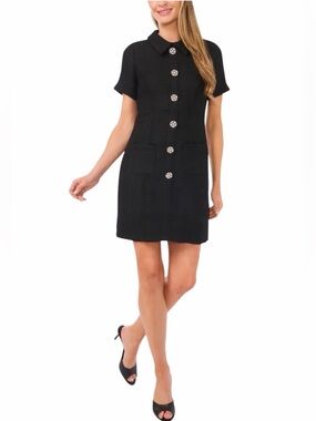 NWT Cece Sz 6 Rhinestone Button Bouclé Sheath Mini Dress Short Sleeves Pockets